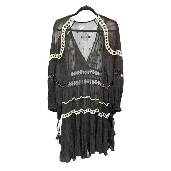 Free People Dark Horse Black Sheer Boho Maxi Dress M Embroidered Cutout - Picture 6 of 10